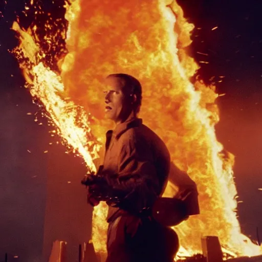 Prompt: Live Action Still of Jerma in The Towering Inferno, real life, hyperrealistic, ultra realistic, realistic, highly detailed, epic, HD quality, 8k resolution, body and headshot, film still