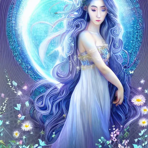 Prompt: Ethereal goddess of the moon, beautiful blue silver hair woman like Dilraba Dilmurat, california girl, wearing a flowing dress, lots of flowers, symmetrical face, art nouveau, portrait, cute, playful, fairy, harper's bazaar, pearlescent, sacred geometry, detailed background, featured on artstation, by Daniel Gerhartz, by ross tran, bright pastel colors, face by artgerm, by Kelly McKernan, by Charlie Bowater, by Laura rubin, 8k