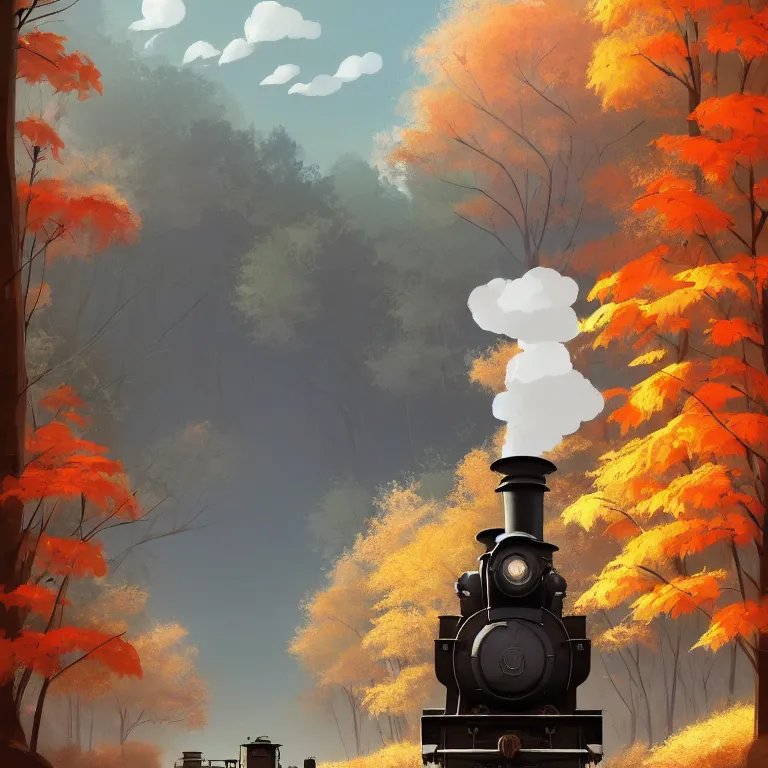 Prompt: Goro Fujita illustrating An antique steam train with a large white cloud coming out of the chimney travels through a beautiful autumn forest along the railroad tracks, art by Goro Fujita, concept art, sharp focus,