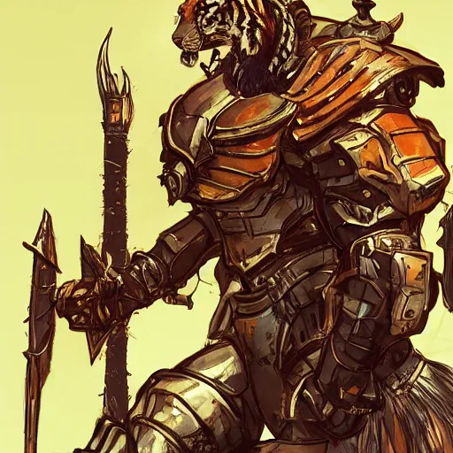 Prompt: highly stylized tiger paladin character by moebius standing in front of a castle, Gilles Beloeil, yoji shinkawa , character concept art, character modeling, science fiction, rich colors, wide angle, 35mm