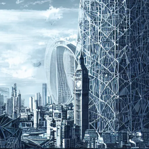 Prompt: beautiful city with architecture from London and Tokyo, modern and sci-fi buildings digital art