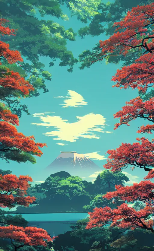 Image similar to japanese inspired poster, beautiful japanese architecture and nature, japanese beautiful aesthetic, photorealistic, lake, light rays theough the trees, 8 k image, studio ghibli anime style