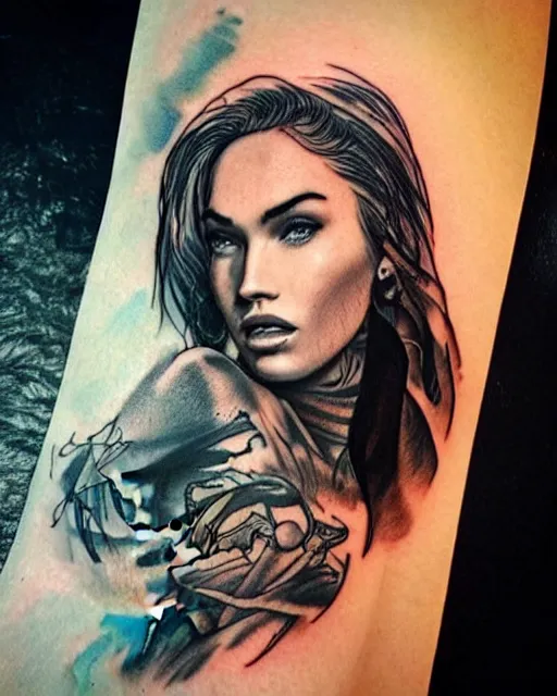 Image similar to tattoo design sketch of megan fox with amazing mountain scenery, with double exposure effect, realism tattoo, in the style of den yakovlev, amazing detail, sharp