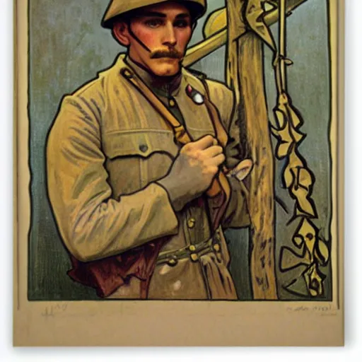 Prompt: ww 1 soldier, painted by alphonse mucha