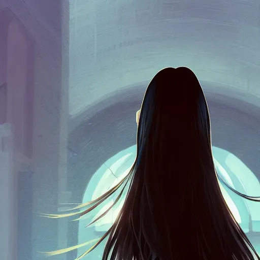 Image similar to low - angle shot from behind of a long blue - haired girl in a tailcoat overlooking noxus, noir, screenshot, sharp focus, intricate, illustration, cell shaded, digital painting, highly detailed, straight hair, art by ilya kuvshinov, wlop, greg rutkowski, studio quality, james jean