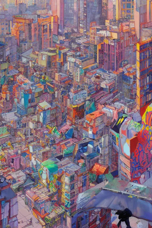 Image similar to people in a busy city surrounded by buildings covered in graffiti paint, james jean, painterly, yoshitaka amano, hiroshi yoshida, moebius, loish, painterly, and artgerm, illustration