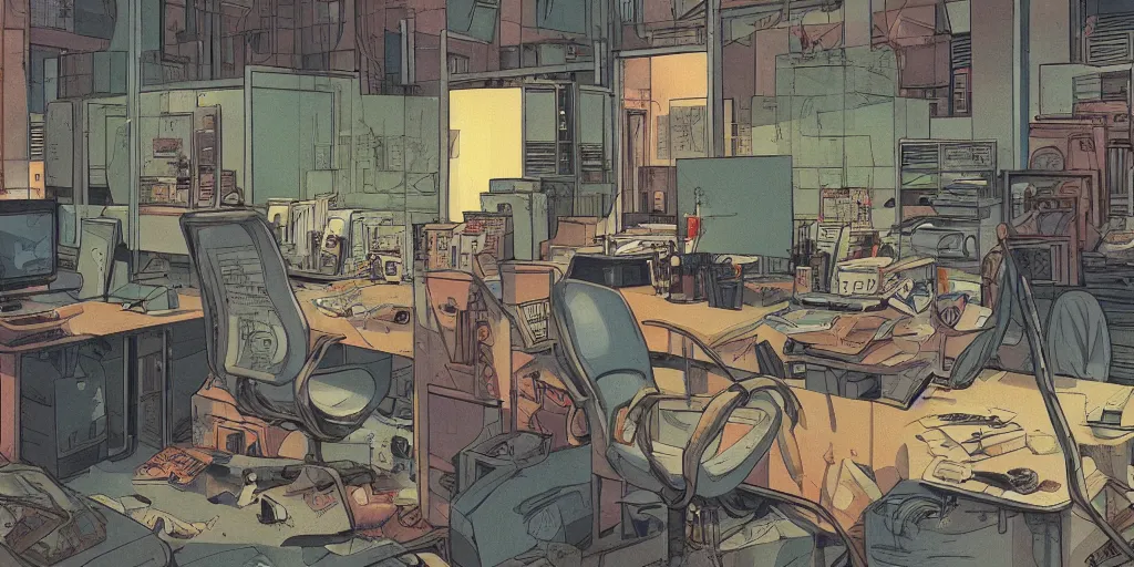 Prompt: full page comic book drawings of disturbing office urbex scenes, urban hell on a hot summer night, bold color palette, high contrast, by carel willink and gregory crewdson, moebious, jean giraud, comic book panels, octane render, beserk anime