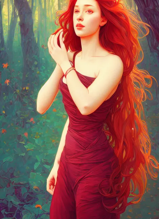 Image similar to handsome young women with shoulder length red hair, half body shot, path traced, highly detailed, high quality, digital painting, alena aenami, lilia alvarado, shinji aramaki, karol bak, alphonse mucha, tom bagshaw