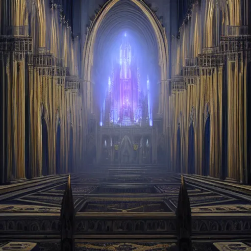 Image similar to an ultra detailed matte painting of the throne of the evil patriarch up incredibly high looking down into the cathedral, incense smoke drifting through the air, artstation, volumetric lighting, exquisite detail, octane render, 8 k postprocessing, art by john collier and albert aublet