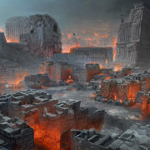 Prompt: A realistic detailed photo of an ancient city, rocks coming out of the ground, fire, dead peoples, destroyed city, foggy landscape, light particles, detailed light, realistic shaders, trending on artisation, detailed textures, detailed, realistic.