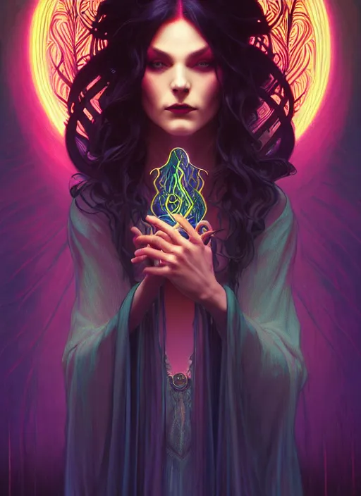 Image similar to book cover, front portrait, dark witch with black hood and evil eyes, realism, soft, smooth, luminescent, art nouveau tarot, backlit glow, colorful swirly ripples, gaudy colors, aesthetic octane render, unreal engine, 8 k, by artgerm, greg rutkowski, alphonse mucha