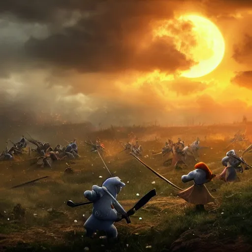 Image similar to epic battlefield of thousands of smurfs with medieval weapons battling, red moon shining golden red light hidden behind clouds, miniaturecore, supremely digital, medieval, unreal engine, super detailed, outstanding detail, dreamlike lighting, god rays