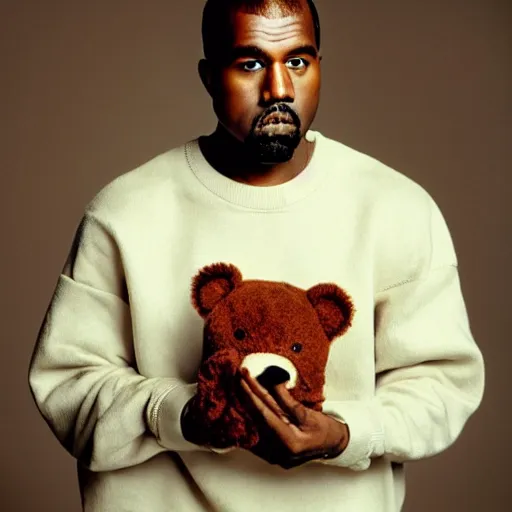 Prompt: Kanye West holding a teddy bear for a 1990s sitcom tv show, Studio Photograph, portrait C 12.0