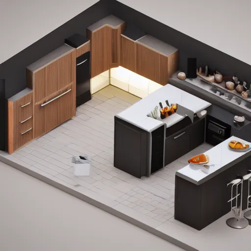 Image similar to isometric chubby kitchen, c 4 d style, octane render, studio lighting