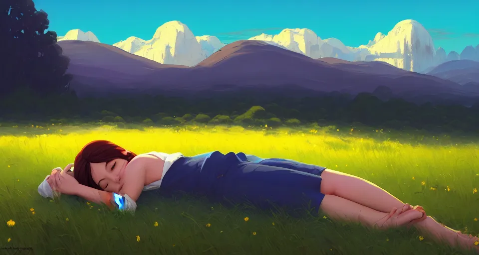 Prompt: a minion napping in a field behind a beautiful mountain landscape, night setting. realistic shaded lighting poster by ilya kuvshinov katsuhiro, magali villeneuve, artgerm, jeremy lipkin and michael garmash, rob rey and kentaro miura style, trending on art station