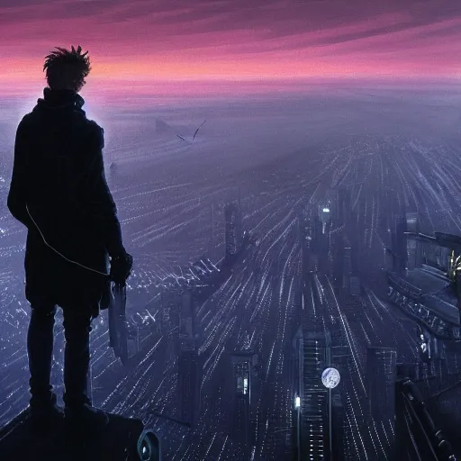 Image similar to wanderer with night vision goggles, dramatic light, sunset, cyberpunk city in the background, gorgeous view, depth, painted by Caspar David Friedrich, clouds, tending on artstation