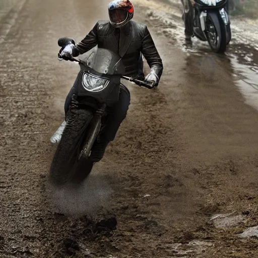 Prompt: grey cat with glasses riding a motorcycle on a muddy road, photorealistic