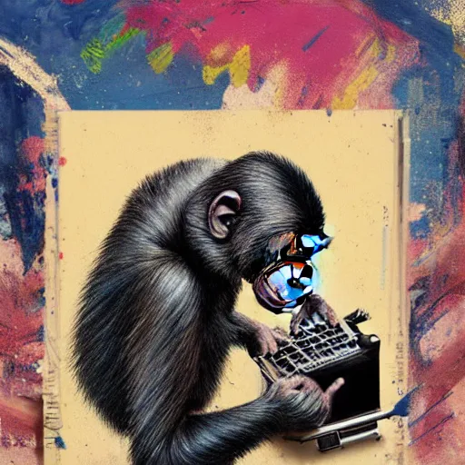 Image similar to painting of a chimp with donald trump hair typing on a typewriter, illustration, artistic, colorful, hyper detailed, in the style of Greg Rutkowski