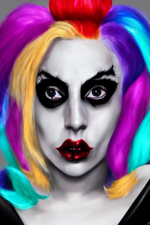 Prompt: Lady Gaga as Harley Quinn, digital art, trending on artstation