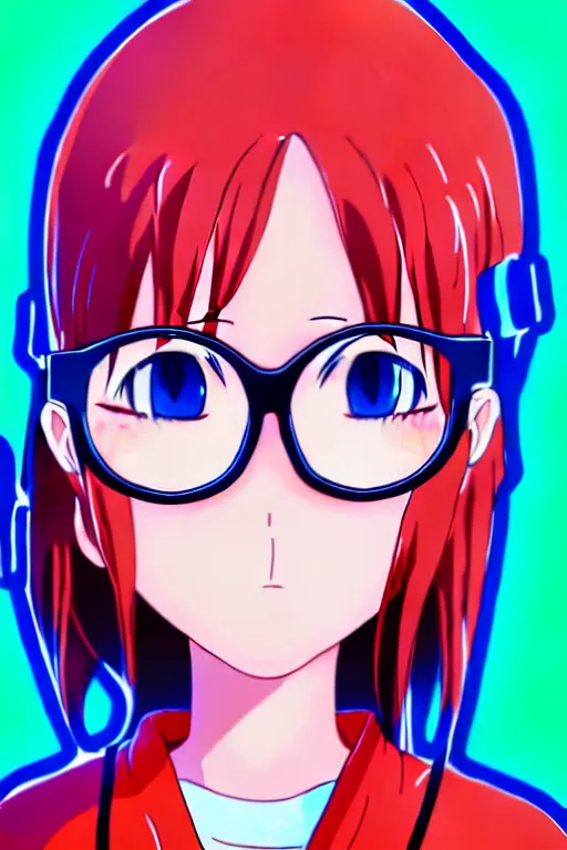 Prompt: full body anime portrait of a cute girl round eyes red hair wearing glasses dressed in a lab coat cinematic highly detailed 4 k neon