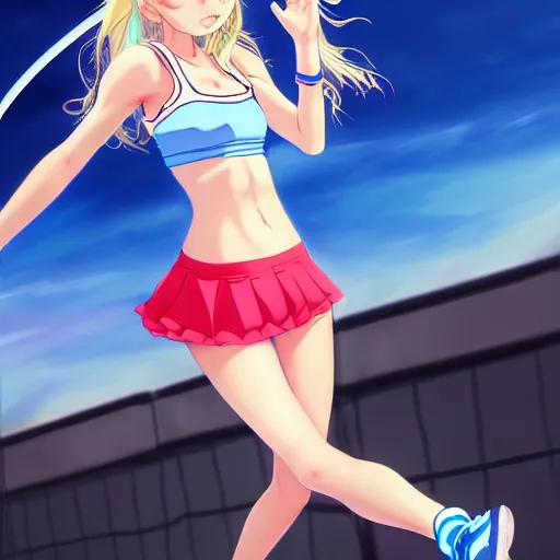 Image similar to a very beautiful young anime tennis girl, very angry, full body, long wavy blond hair, sky blue eyes, full round face, short smile, bikini, miniskirt, highly detailed, cinematic wallpaper by stanley artgerm lau