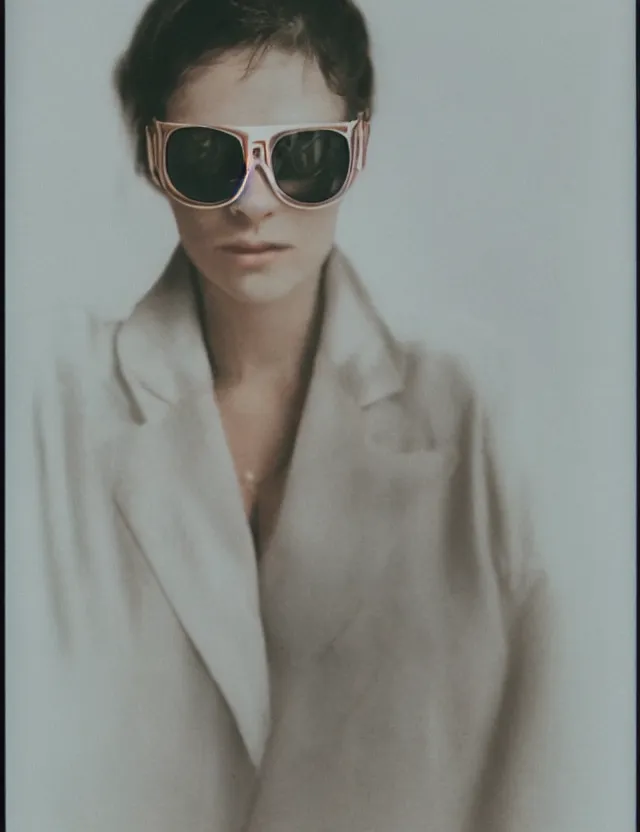 Image similar to polaroid photo with flash, portrait of a woman in oversize blazer, polaroid photo bleached strong lights, kodak film stock, hyper real, stunning moody cinematography, with anamorphic lenses, by maripol, detailed