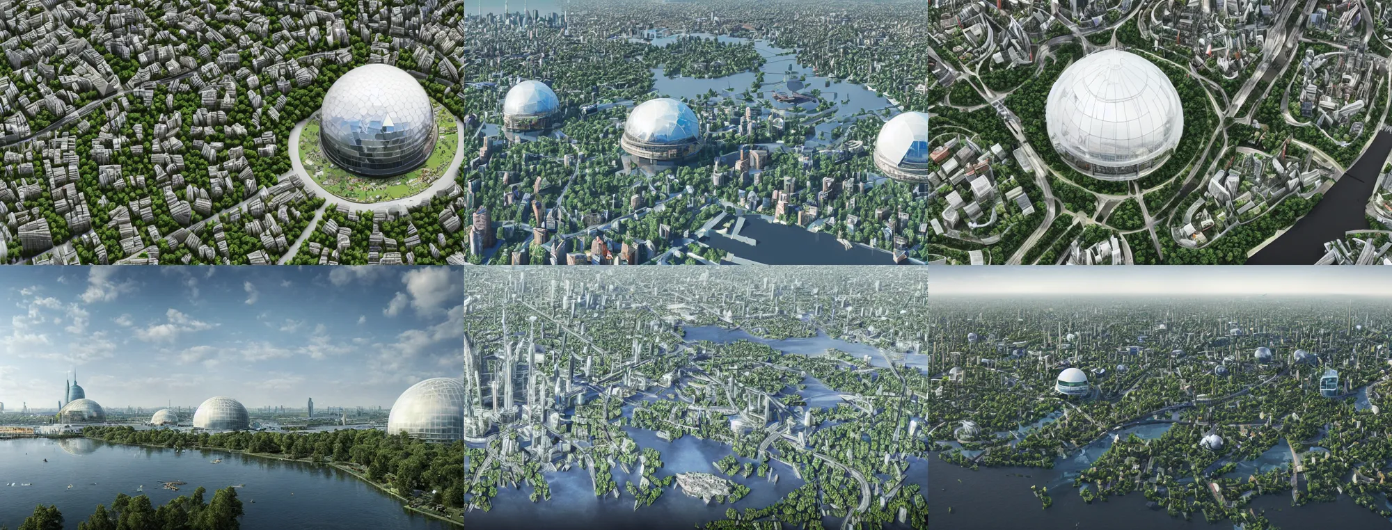 Prompt: ecological hamburg city with huge lake with crowded paths around it, white glass domes near it, hyperdetailed, artstation, cgsociety, 8 k