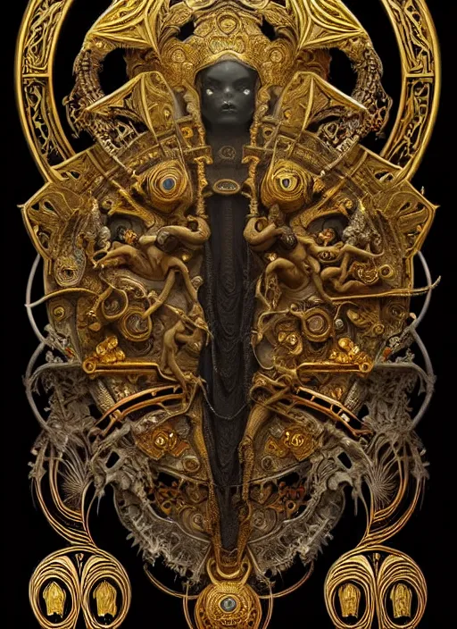 Image similar to sacred sarcophagus, ornate art nouveau scarabs, black and gold palette, symmetry, fantasy, intricate, elegant, highly detailed, colorful, dark colors, dramatic shadow, digital painting, artstation, concept art, art by artgerm and greg rutkowski and ruan jia,