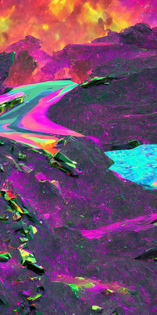 Prompt: partially disintegrated stone drifting in outer space with a colorful trail, psychedelic art, vaporwave art, glitchcore art, detailed, 8 k, trending on artstation