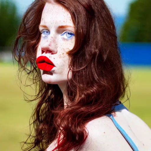 Image similar to close up photo of the left side of the face of a woman with blue eyes and wavy long red-brown hair, red detailed lips and freckles who looks directly at the camera. Slightly open mouth. Whole head visible and covers half of the frame, with a park visible in the background. 135mm nikon. Intricate. Very detailed 8k. Sharp. Cinematic post-processing. Unreal engine. Nanite. Ray tracing. Parallax. Tessellation