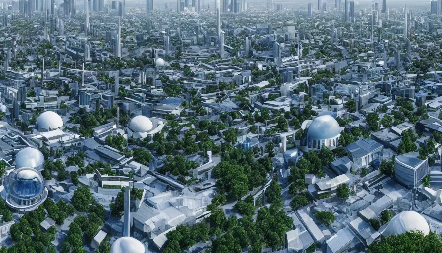 Prompt: panoramic view of futuristic berlin with white glass domes, blue glass buildings, trees, crowded green alleys, hghways, volumetric light, hyperdetailed, artstation, cgsociety, 8 k