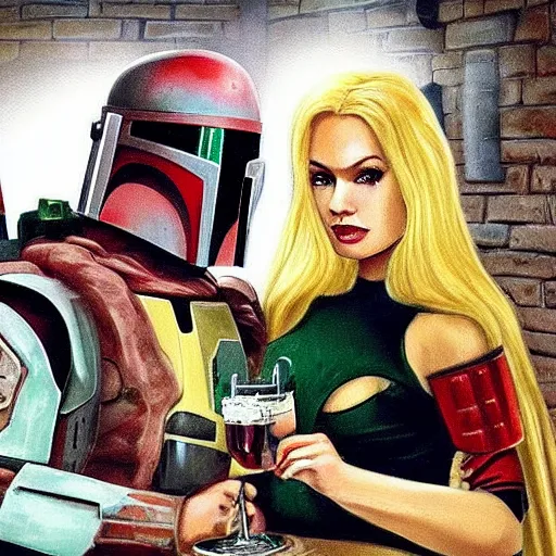 Image similar to Boba Fett and a beautiful young blonde drinking beer in a wine cellar, food, meat, schnapps, torches on the wall, romantic, inviting, cozy