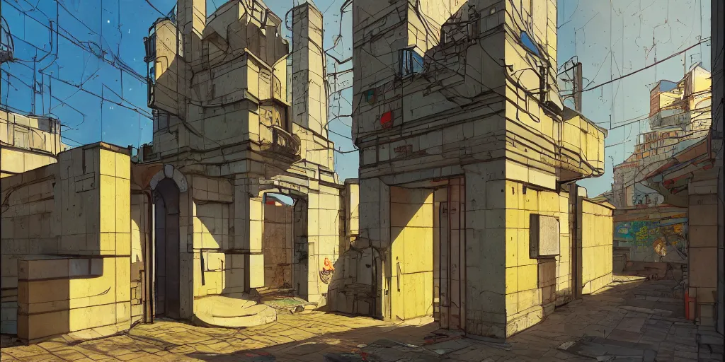 Image similar to neo brutralism, concrete housing, an archway, pathways, concept art, colorful, vivid colors, sunshine, light, shadows, reflections, oilpainting, cinematic, 3D, in the style of Akihiko Yoshida and Edward Hopper