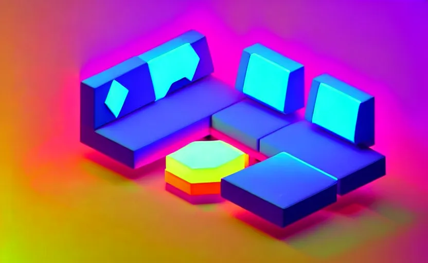 Image similar to isometric object is a low poly isometric sofa with alien aesthetic inspired by pandora in the avatar movie, it has bioluminescent plants growing on top of it, beautiful neon orange - yellow with blue hints and it's bedecked with some sparkling crystals all over the place. black background, night isometric artstation neon. behance, pinterest