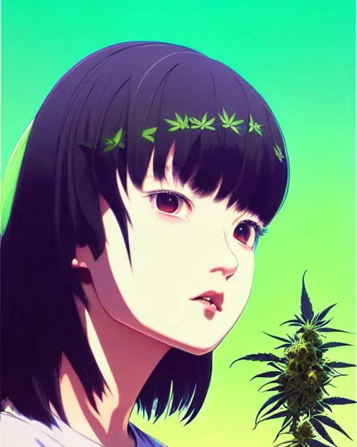 Image similar to cannabis marijuana kid | | very very anime!!!, fine - face, audrey plaza, realistic shaded perfect face, fine details. anime. realistic shaded lighting poster by ilya kuvshinov katsuhiro otomo ghost - in - the - shell, magali villeneuve, artgerm, jeremy lipkin and michael garmash and rob rey