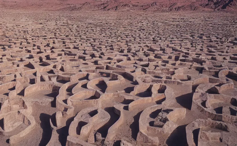 Image similar to high quality 2000s historic footage of a labyrinth in the desert with giant marble walls, color aerial photo drone, Cinestill 800t, heavy grainy picture, very detailed, high quality, 4k panoramic