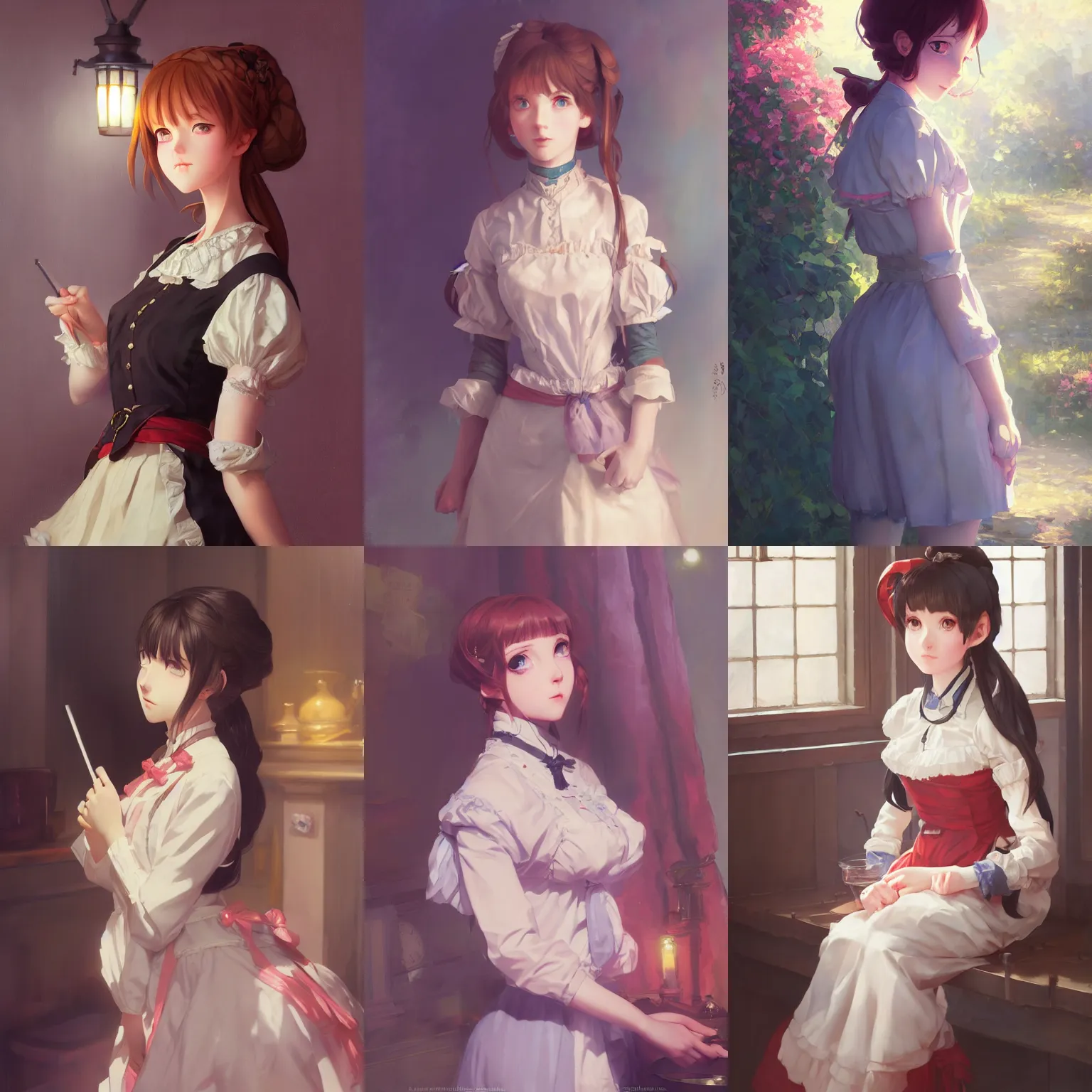 Prompt: a portrait of a cute young female maid, victorian setting, vivid colors, soft lighting, atmospheric, cinematic, moody, in the style of ilya kuvshinov and range murata, krenz cushart, oil on canvas, 8 k