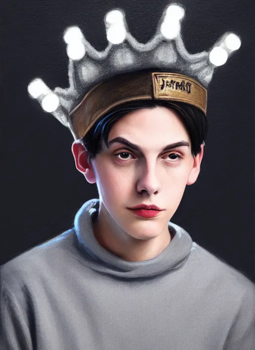 Image similar to portrait of teenage jughead jones wearing a light grey crown, photorealistic, crown, eyes closed, crown, black hair, sweater with letter s on it, letter s, intricate, elegant, glowing lights, highly detailed, digital painting, artstation, concept art, smooth, sharp focus, illustration, art by wlop, mars ravelo and greg rutkowski