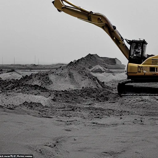 Image similar to in the distance, in the center of a large sandy quarry, a large golden ball lies in the sand, a broken excavator and a man in military uniform standing nearby, stylization is a grainy photo, high quality, depth of sharpness, emphasis and focus on the golden ball