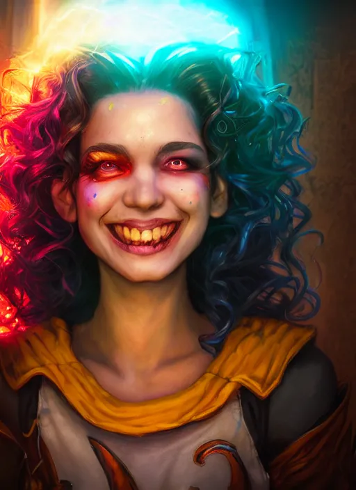 Image similar to an epic fantasy comic book style portrait painting of a girl wearing colorful makeup with a mischievous smile and curly brown hair stepping out of a doorway with light shining behind her, unreal 5, daz, hyperrealistic, octane render, cosplay, rpg portrait, dynamic lighting