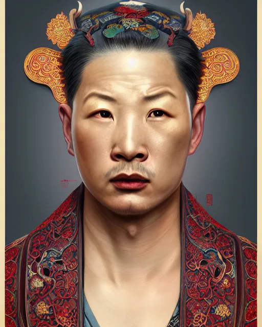 Prompt: portrait of corey taylor, upper half portrait, decorated with chinese opera motifs, asian, bian lian, traditional chinese art, intricate, elegant, highly detailed, symmetry, digital painting, artstation, concept art, smooth, sharp focus, illustration, art by artgerm and greg rutkowski and alphonse mucha, 8 k