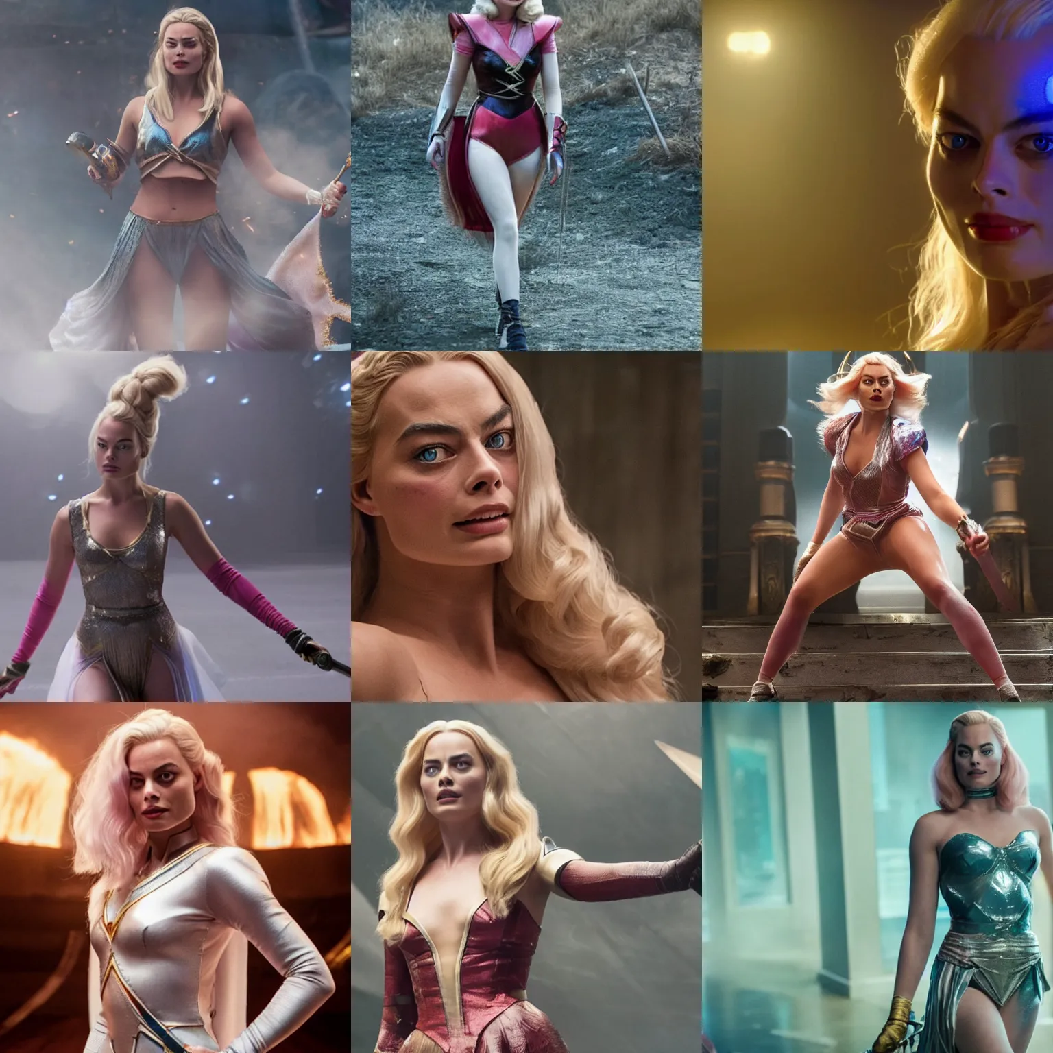 Prompt: full-body still of Margot Robbie as Lux in the live action League of Legends film, 8k resolution, cinema, imax