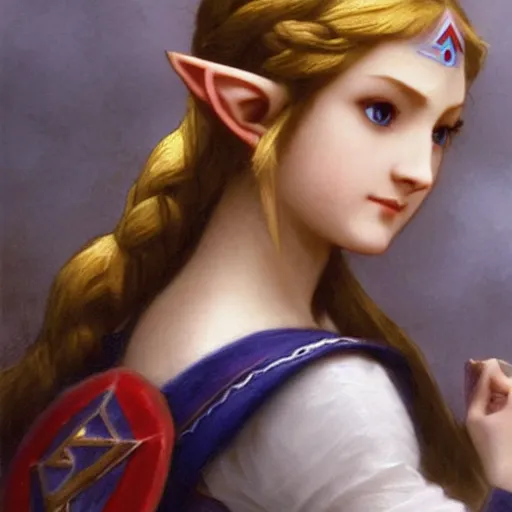 Image similar to a screnshot of princess Zelda Zelda Zelda from ocarina of time looking over her shoulder by William-Adolphe Bouguereau