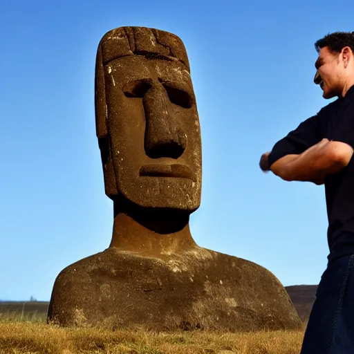 Prompt: man with a moai head doing a kickflip over the words'off - topic