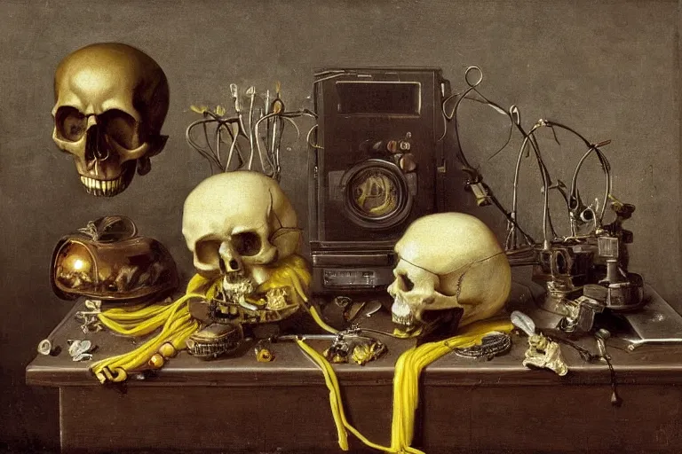 Image similar to a vanitas painting from the 21st century by clara peeters with a skull but also all the electronical gadgets of modern times, cables, wires