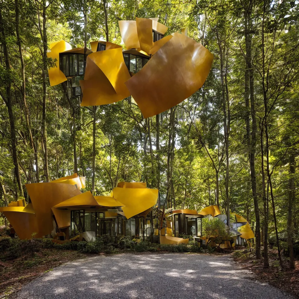 Image similar to a leveled house in a forest, designed by Frank Gehry. Tiles. Gravel pathway with parking. Film grain, cinematic, yellow hue