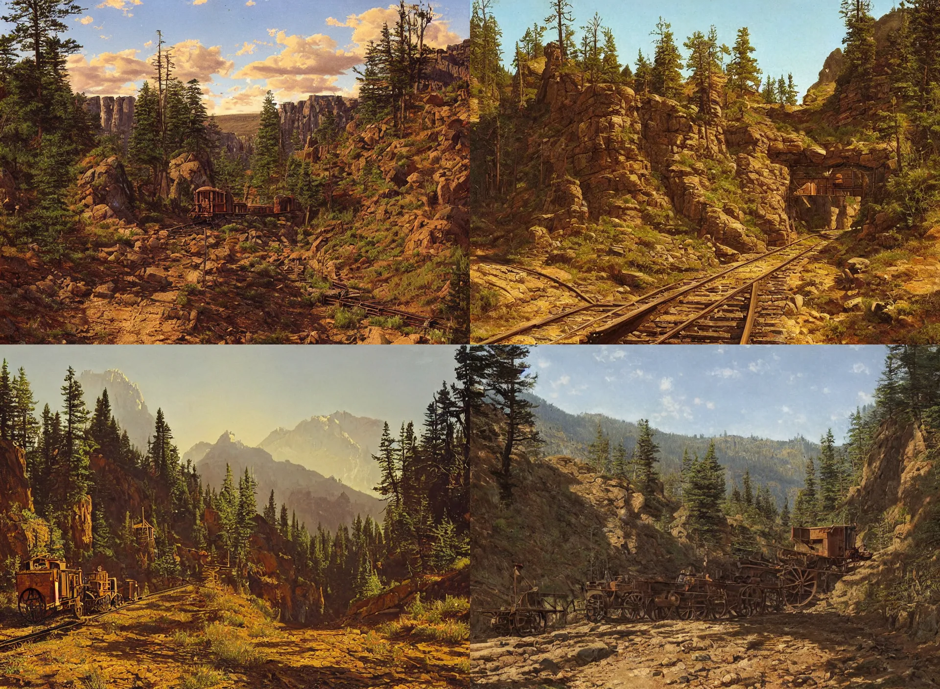 Prompt: entrance to 1900's mine, rail tracks lead from the mine, a mine cart sits on the tracks, mine cart, sheer cliffs surround the scene, high elevation, sparse pine forest long shadows, golden hour, wide angle, oil painting, albert bierdstadt