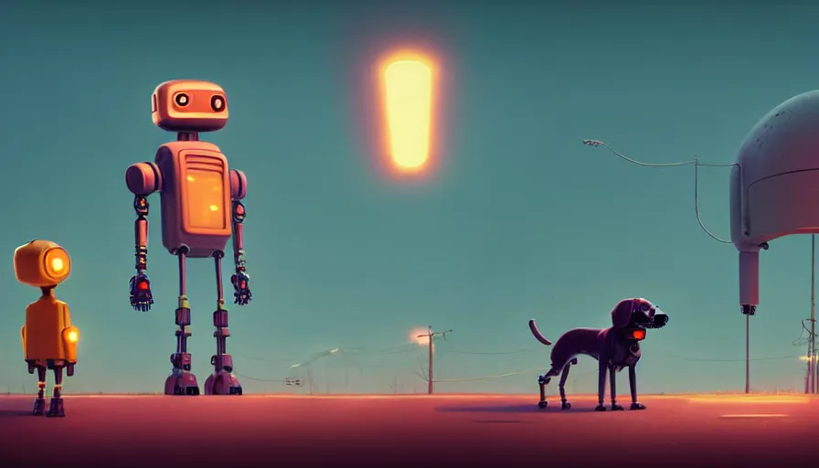 Prompt: tall cute robot with his best dog friend, by Simon Stalenhag, unreal engine, octane render, 8k, rule of thirds