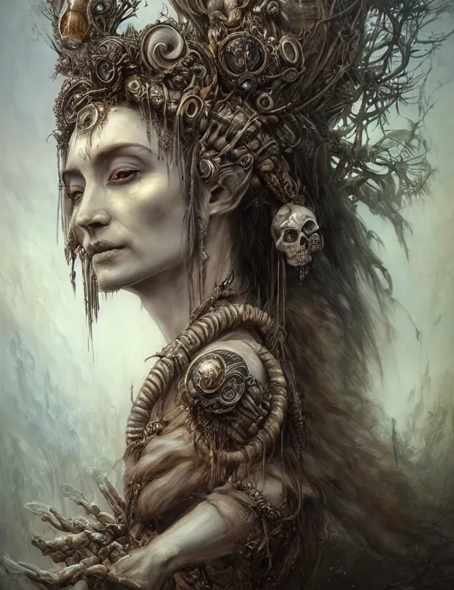 Image similar to a beautiful detailed 3d matte painting of face portrait of female Sumarian Deat Goddess, by ellen jewett, tomasz alen kopera and Justin Gerard, symmetrical features, ominous, magical realism, texture, intricate, ornate, royally decorated, skull, skeleton, whirling smoke, embers, white adornements, white torn skulls, radiant colors, fantasy, trending on artstation, volumetric lighting, micro details, 3d sculpture, ray tracing, 8k