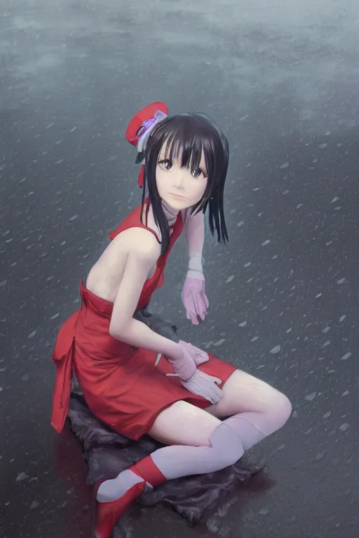 Image similar to 3d octane render portrait a stern girl in Japanese maid's clothes and long stockings sits on the wet pavement in a parking lot in the rain at night. art by hayao miyazaki and Ruan Jia and Mandy Jurgens and Artgerm and William-Adolphe Bouguerea Sakimichan, oil painting